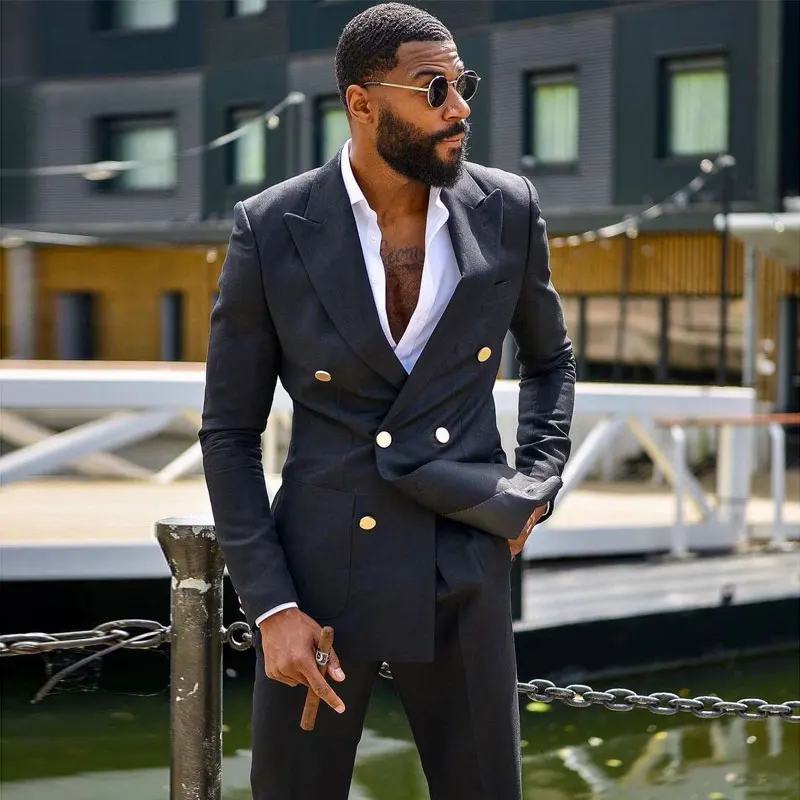 

Black Men's Suit Peaked Lapel For Wedding Blazers Two Pieces Male Tuxedos Double Breasted Groom Wear Prom Jackets With Trousers