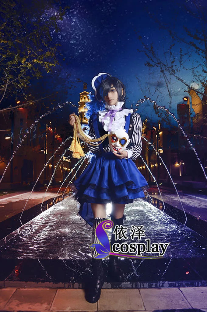 Ciel Phantomhive Ciel Cosplay Set Circus Costume Blue Overall Black 5 in1 shirt+waistcoat+shorts+hat+tie