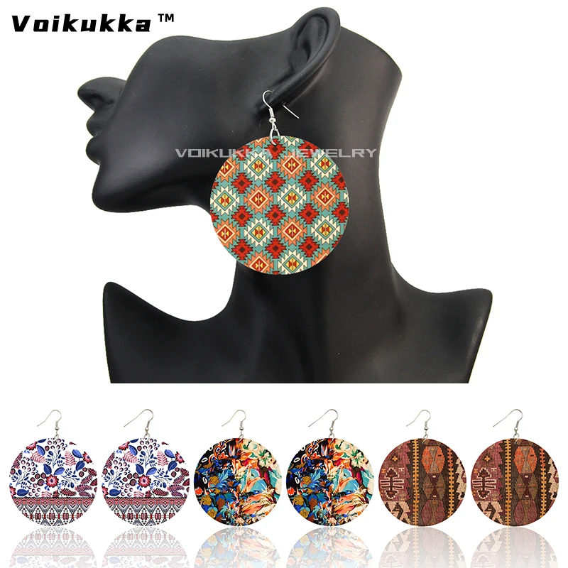 Voikukka Jewelry Navajo Pattern Fabric Bohemian Wooden Double Sides Printing Drop Round Women Earrings For Gifts