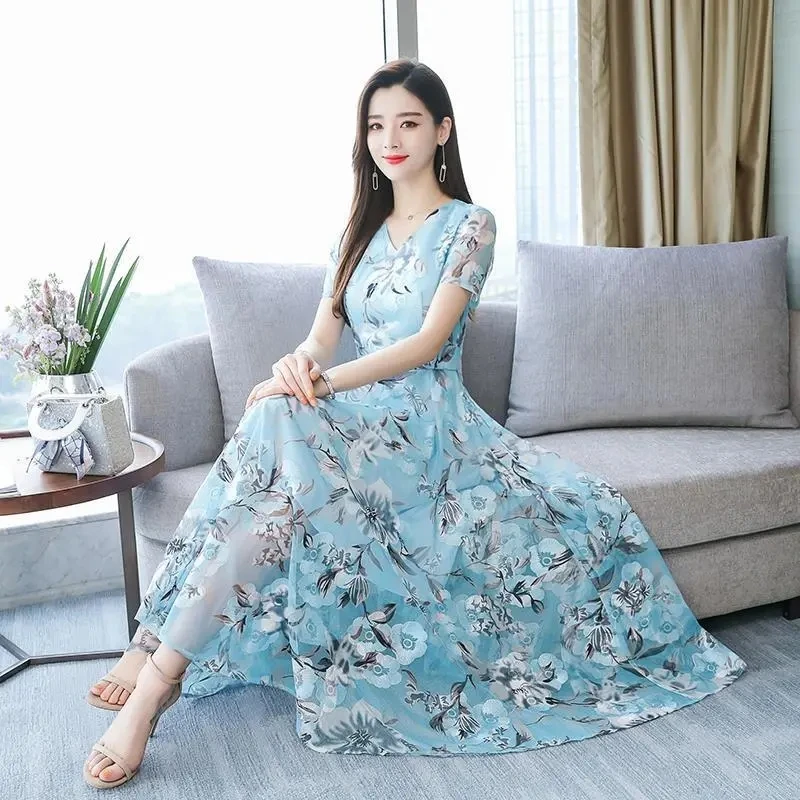 Summer Boho V-neck Women's Long Dress Oversized Printing Gauze Vestido Elegant Beach A-line Dresses Korean Slim Chiffon Vestidos