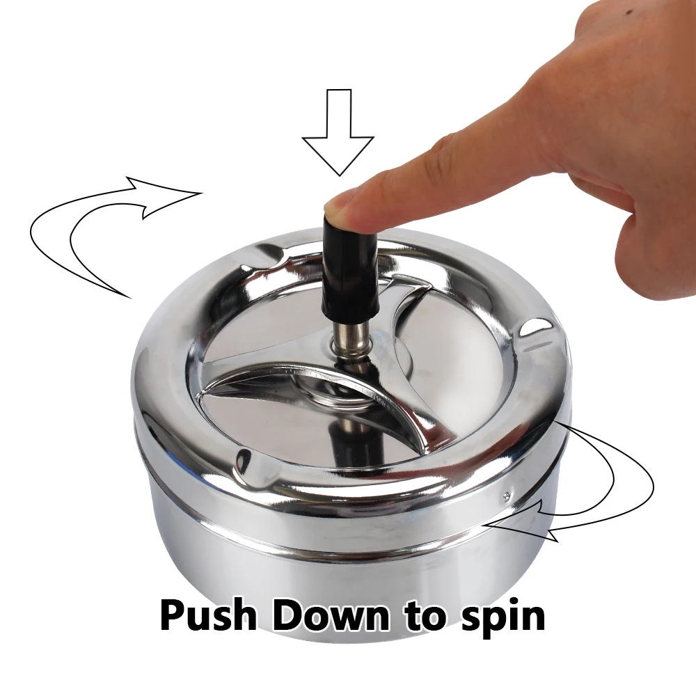 For Home Office Hotel Cigarette Ashtray Press Rotating Lid Spinning Plain Ashtray Cigarette Ash Tray Stainless Steel