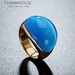 Charmhouse Gold Color Ring Man 316L Stainless Steel Vintage Opal Big Ring Wedding Band Bague Homme Anel Palace Male Jewelry Gift