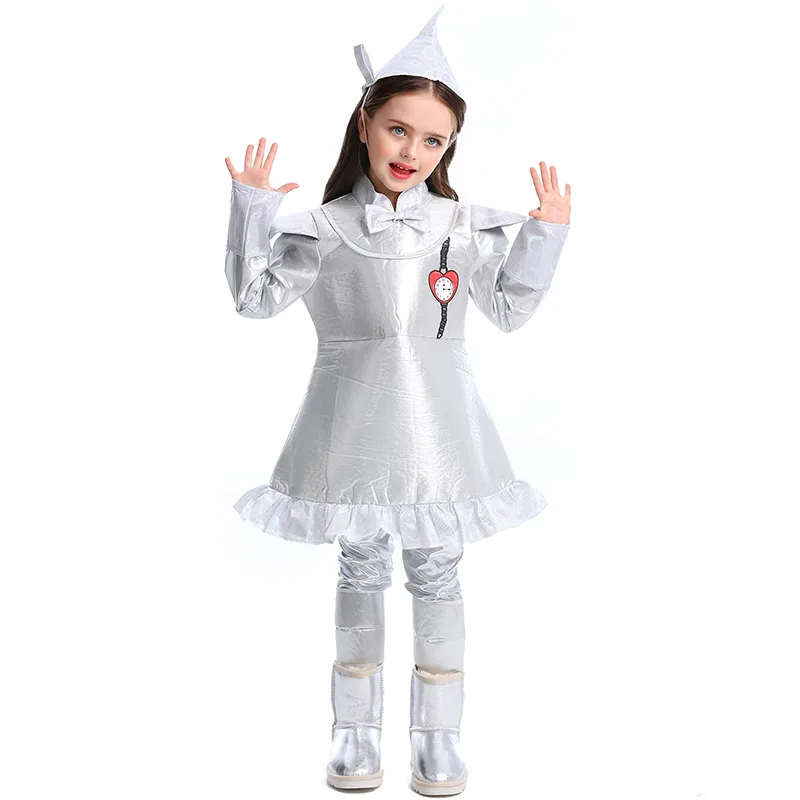 Costumi di Halloween 2020 The Tin Man Girls Cosplay abito impermeabile con copricapo copriscarpe Costume Hickory argenteo