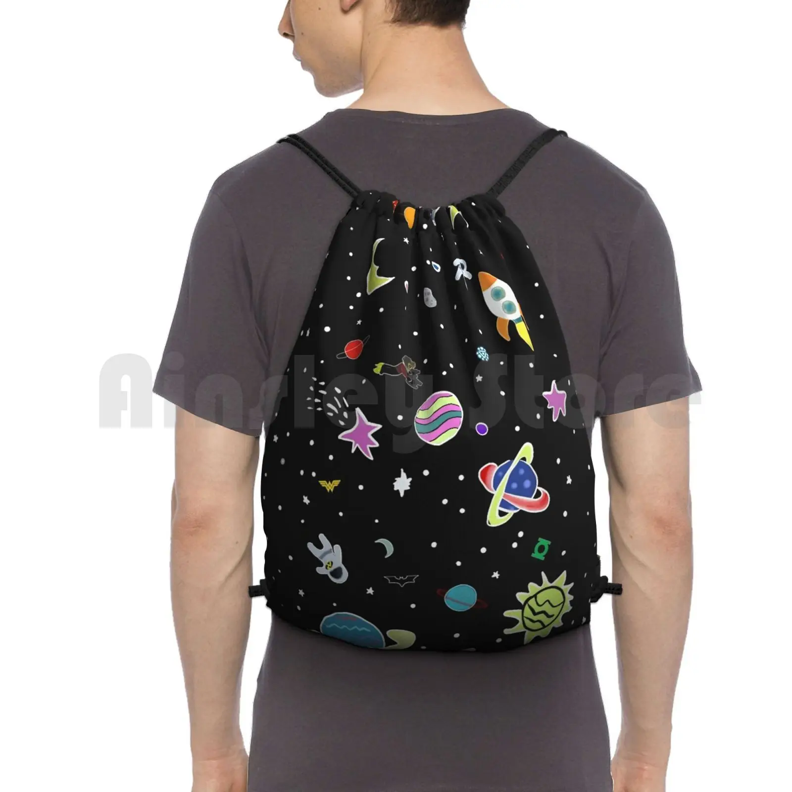 

Superhero Space Backpack Drawstring Bags Gym Bag Waterproof Superhero Space Stars Moon Astronaut Rocket Ship Planets