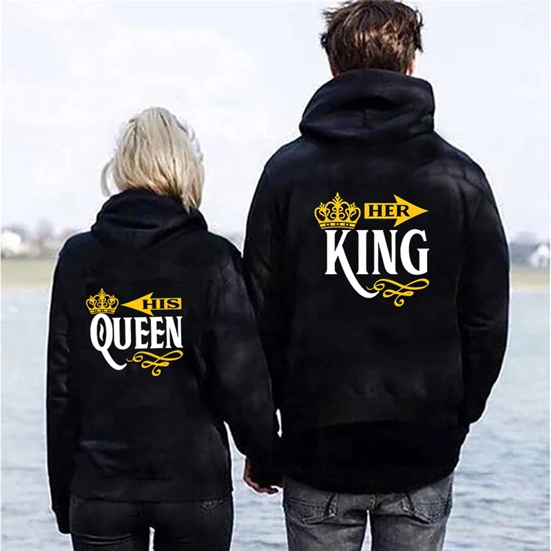 Women Letter Print Sweatshirts Pullover Letter Couple Hoodies Autumn Winter Men Hoodied Tops HIS QUEEN HER KING