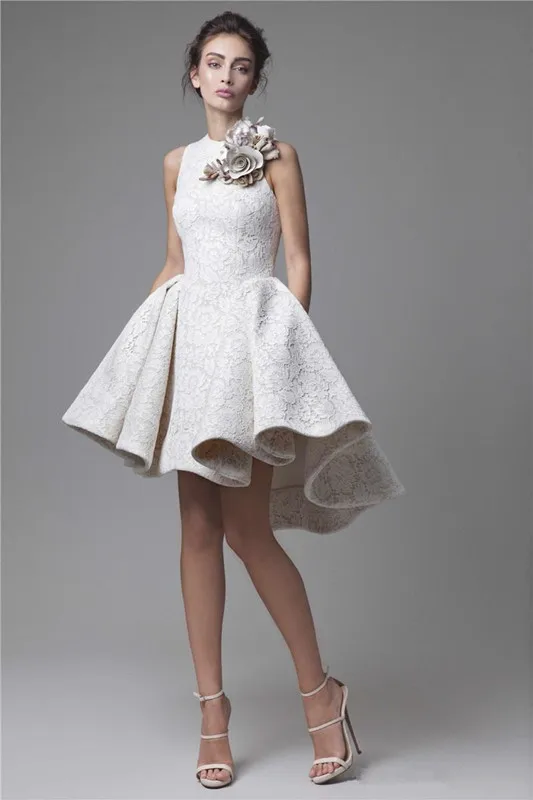 

High Low Cocktail Dresses A-line High Collar Short Mini Lace Flowers Elegant Homecoming Dresses