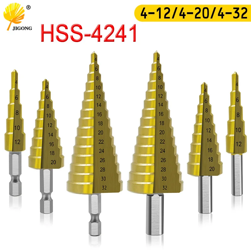 HSS step drill titanium rivestimento 4-12mm 4-22mm 4-32mm foro conico cutter 1/4 ''hex maniglia triangolo maniglia bit per legno metallo