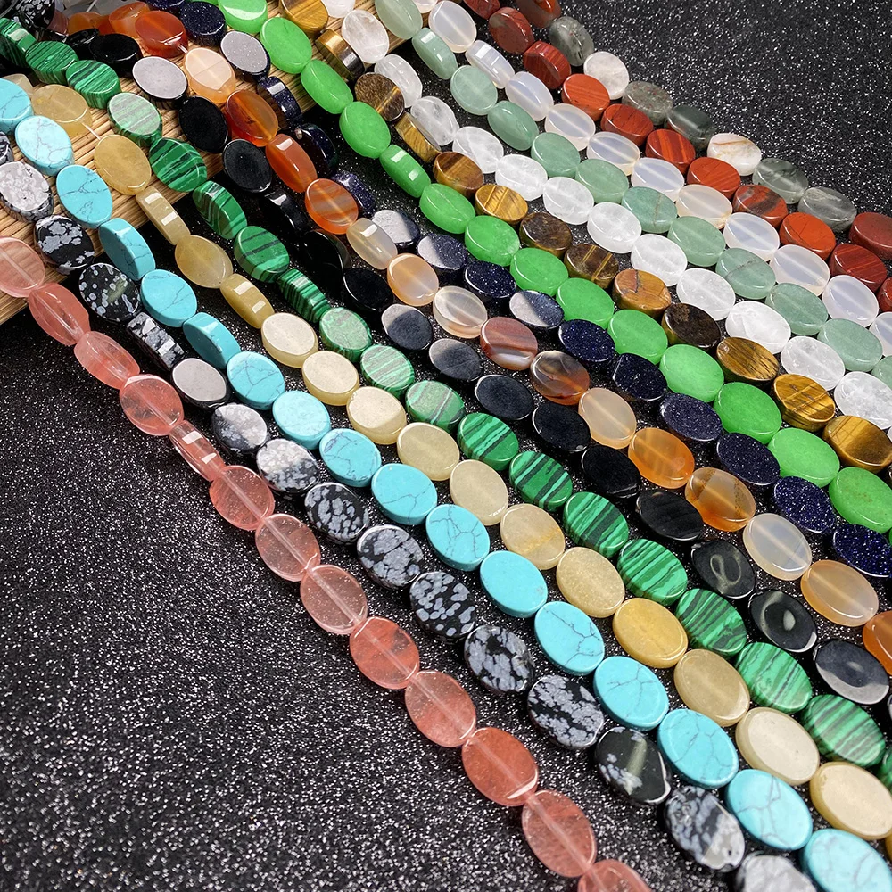 

Flat Oval Natural Stone Beads DIY Powder Crystal Malachite Tiger Eye Stone Opal Beaded Necklace Bracelet Charm Jewelry Making