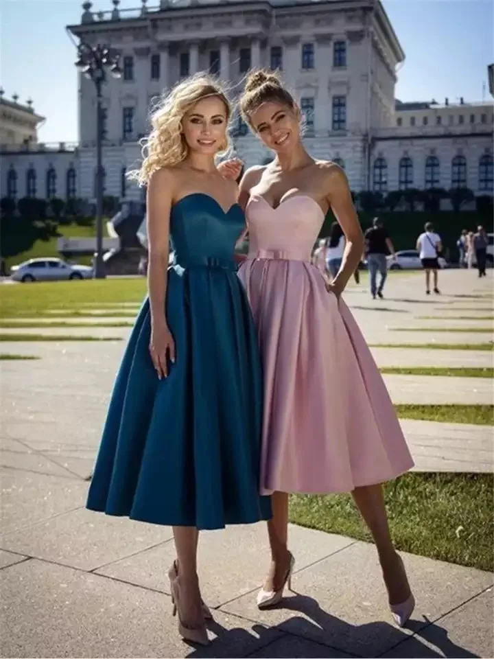 Linha a princesa cetim bowknot querida sem mangas chá-comprimento vestidos de baile robes de cocktail vestidos de graduação