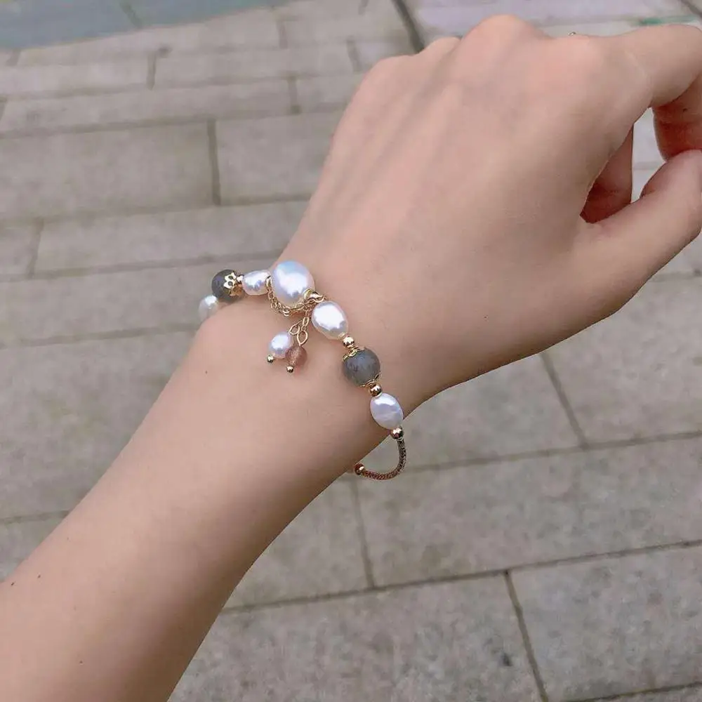 New Arrival 14K Gold Filled Baroque Natural Freshwater Pearl Moonstone Female Bracelet Promotion Jewelry For Women Wedding Gift