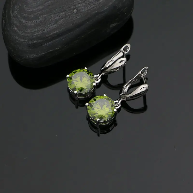 Olive Green Jewelry Set Cubic Zirconia 925 Silver Ring Earrings Chain Pendant Retro Jewelry Girl Accessories for Party