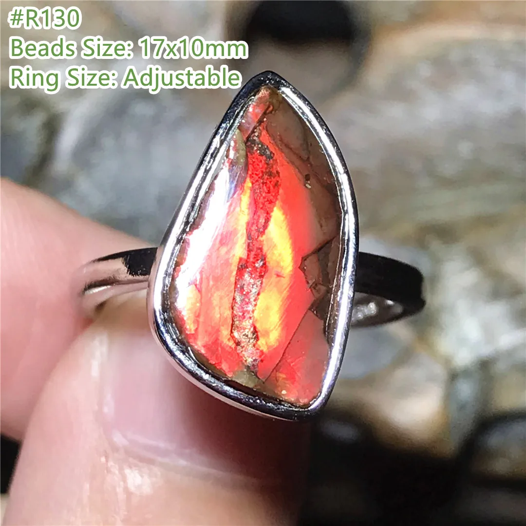 Natural Ammonite Ammolite Ring Jewelry For Women Lady Men Gift Green Red Crystal Silver Beads Gemstone Adjustable Ring AAAAA