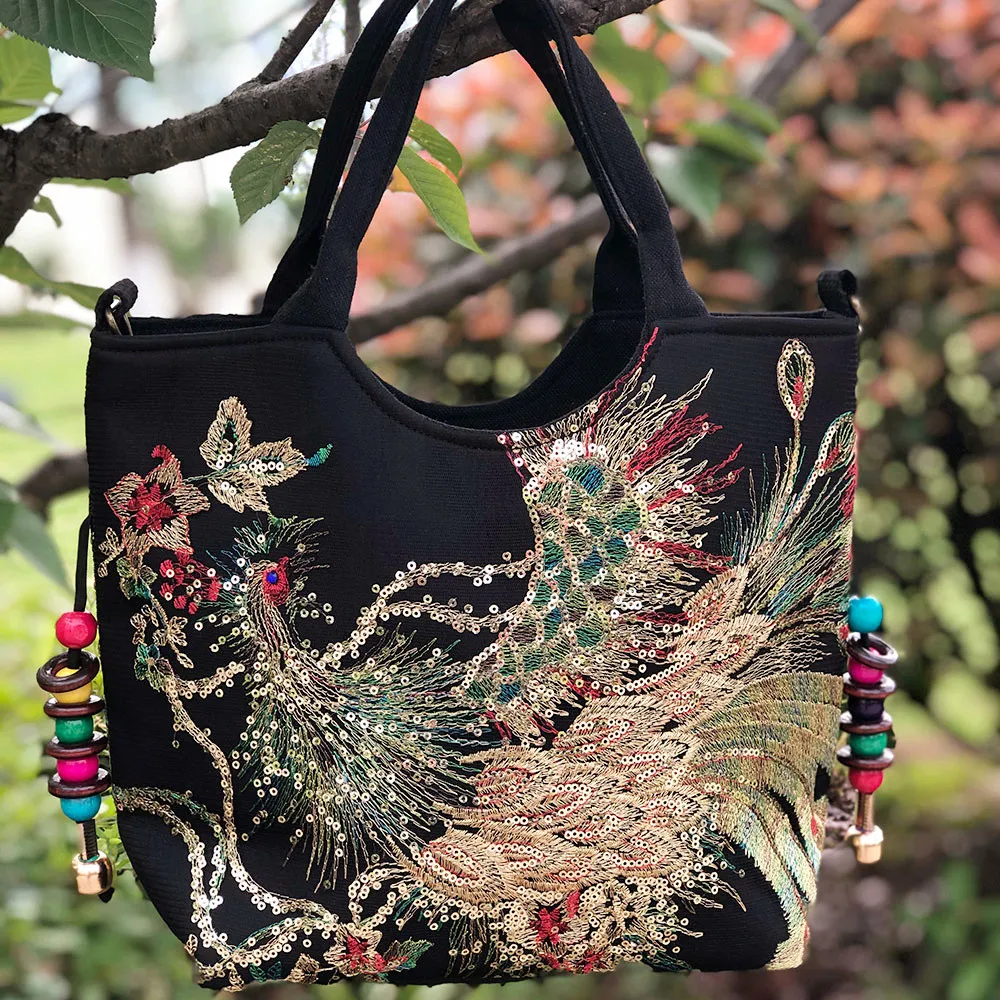 Veowalk Summer Women Shiny Peacock Embroidered Tote Bag Retro Ladies Casual Large Shopping Handbag with Shoulder Belts Handmade