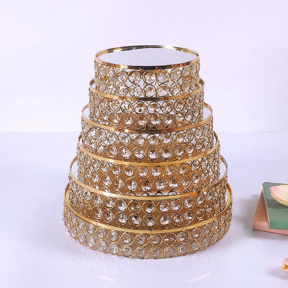 Gold  Crystal Cake Stand Round Mirror Metal Wedding Cupcake Birthday Party Dessert  Pedestal Display Plate Home Decor