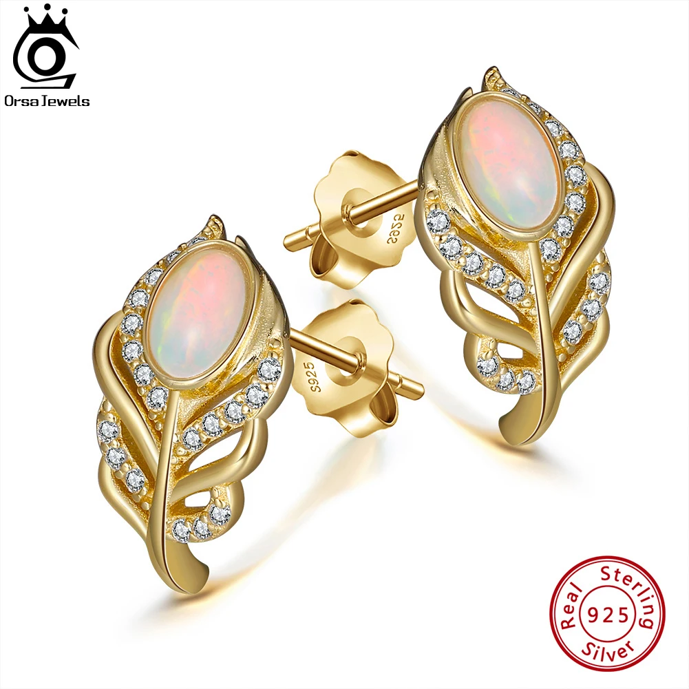 

ORSA JEWELS Real 925 Sterling Silver Natural Opal Feather Earring Studs 100% Genuine Gemstone Earrings for Women Jewelry GME02