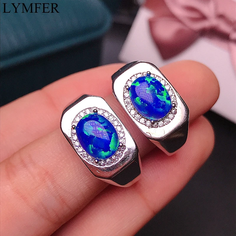 خاتم رجالي أسترالي طبيعي من العقيق لون النار الأزرق أوبال 925 لون فضي جميل #4