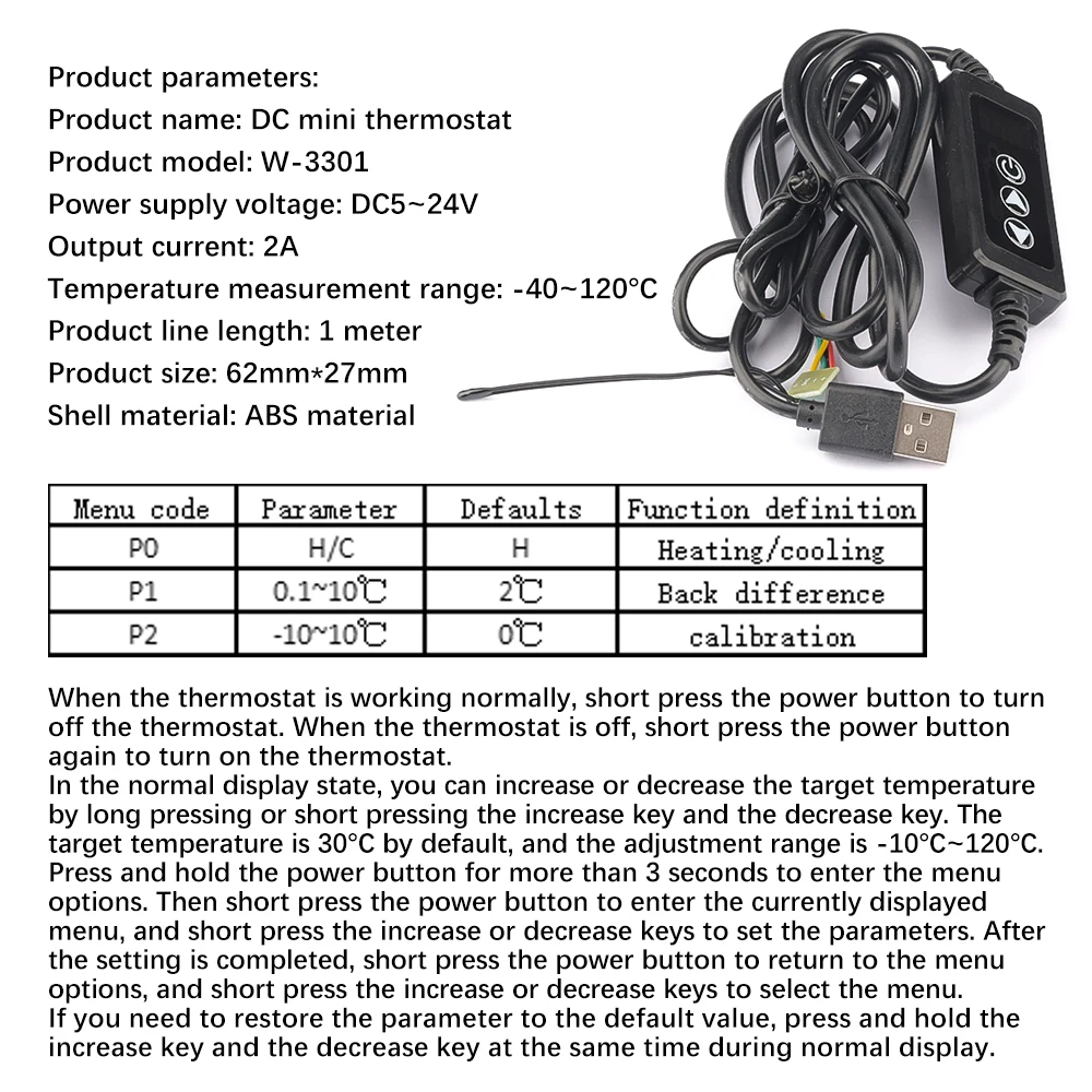 DC5 ~ 24V 2A W-3301 البسيطة ترموستات W3301 أداة التحكم في درجة الحرارة مزودة بمؤقت 1 M كابل
