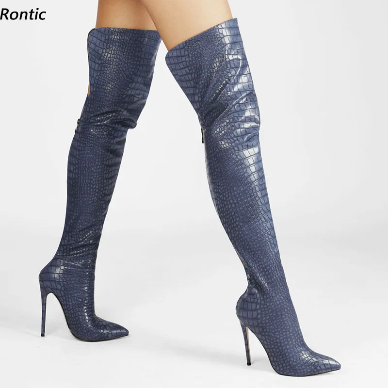 

Rontic Hot Women Winter Over The Knee Boots Stone Pattern Stiletto Heels Pointed Toe Silver Blue White Club Shoes US Size 5-15