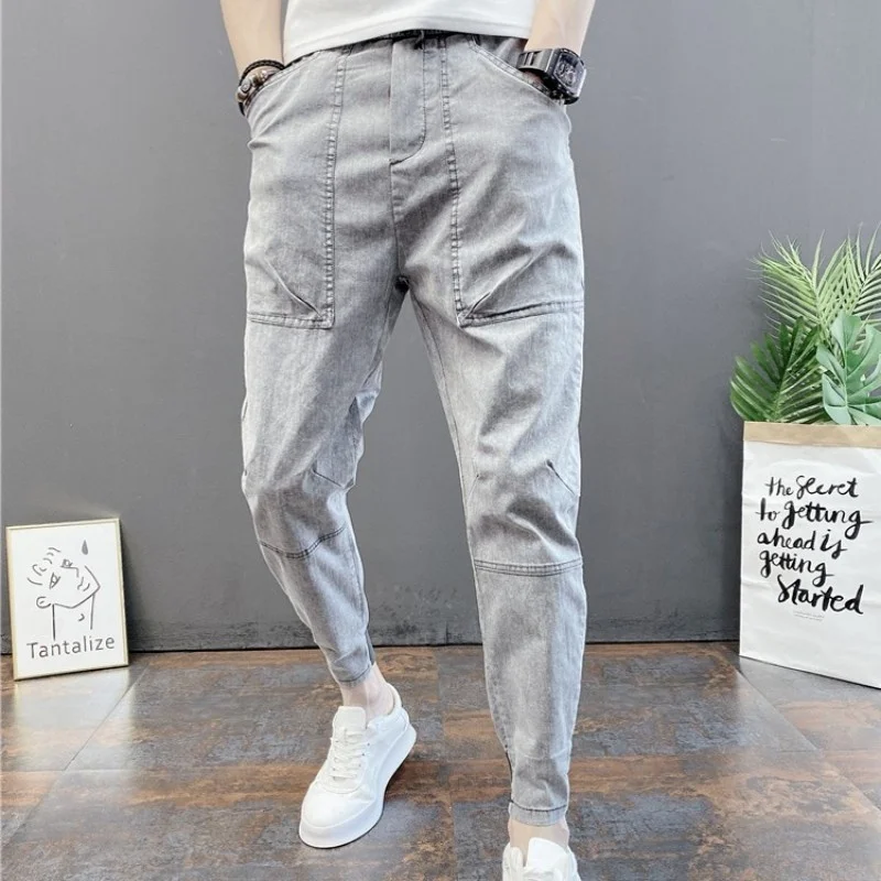 Mens Summer Casual Elastic Waist Joggers Denim Pencil Pants Hip Hop Jean Harem Pants Streetwear Ankle Length Man Jeans Plus Size