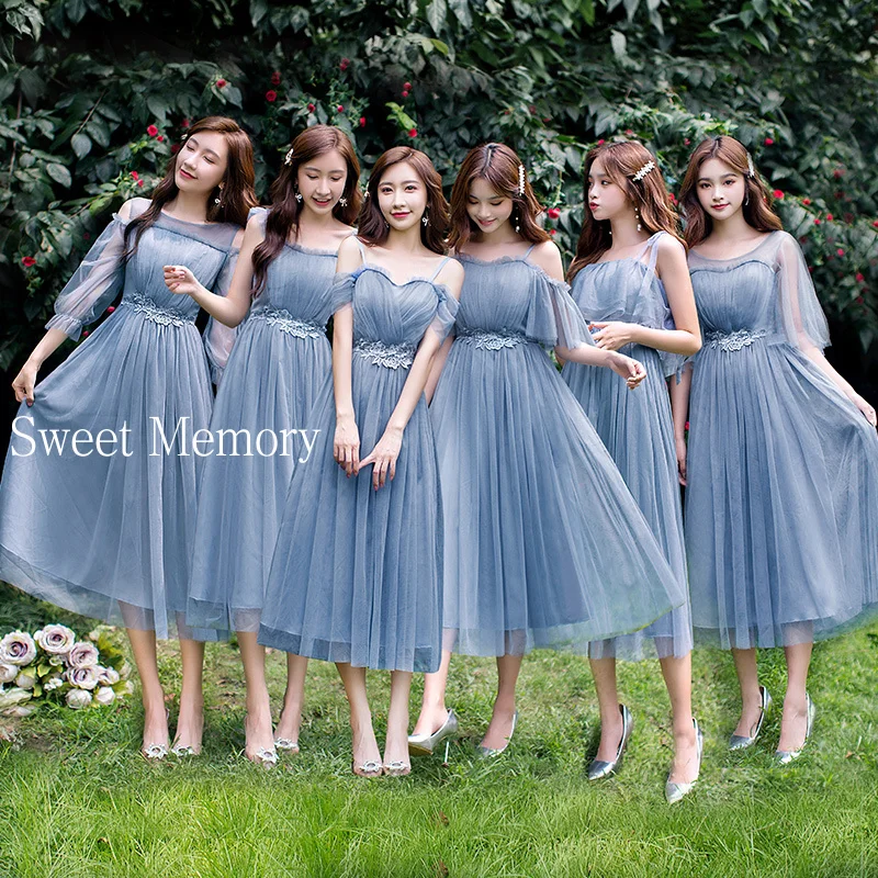 Wholesale Cheap Bridesmaid Dresses Blue Grey Pink Champagne Gown Sing Gradution Performance Party Dress Mesh Net Tulle Robe