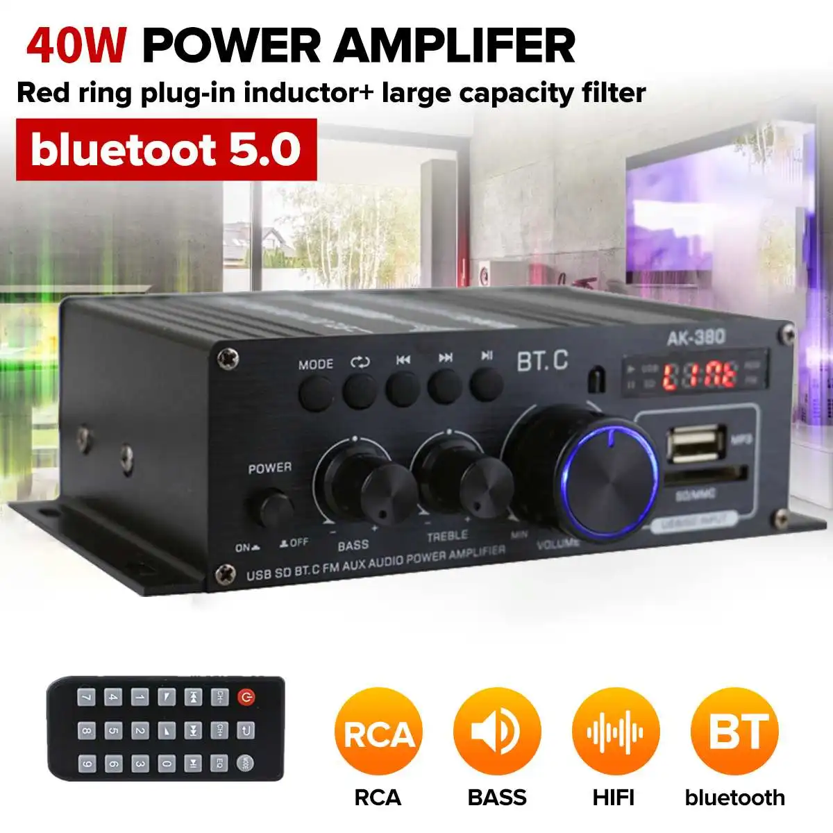 40W*2 Ak380 bluetooth 5.0 HiFi Power Amplifiers Stereo Home Car Audio 12V Digital Sound Amplifier BASS Music Player FM Radio