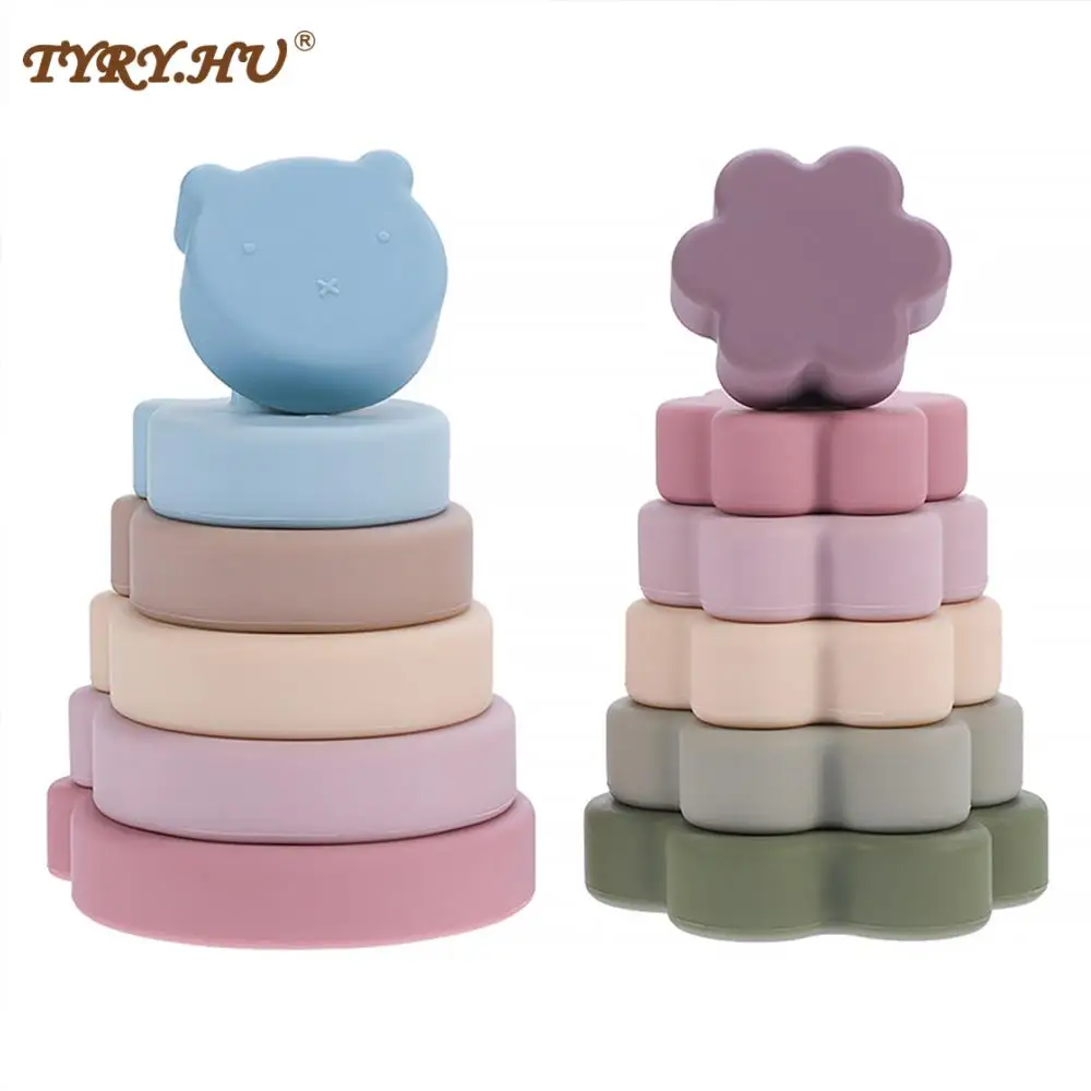 

TYRY.HU 6pcs Silicone Building Block Food Grade Silicone Teether Bear Soft Block Educational Game Montessori Stacking Toys