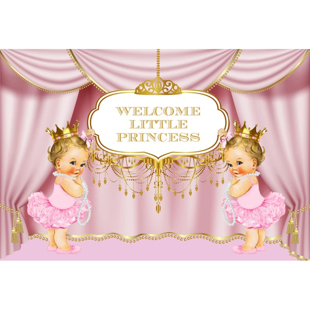 Pink Curtain Crown Newborn Baby Shower Royal Custom Backdrop Welcome Little Princess Birthday Photography Background Banner