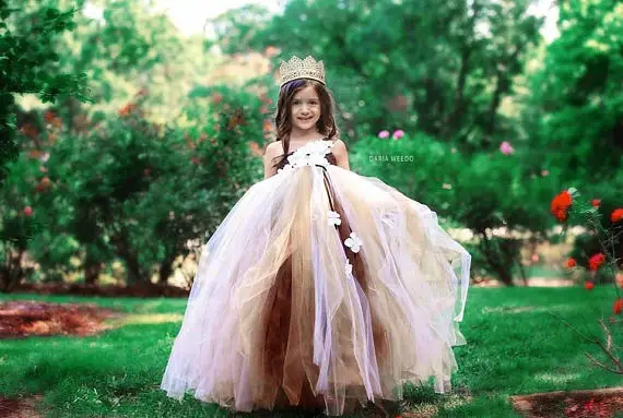 Cute Girls Flower Petals Tutu Dress Kids Single Shoulder Tulle Dress Ball Gown with Ribbon Children Wedding Party Costume Dress