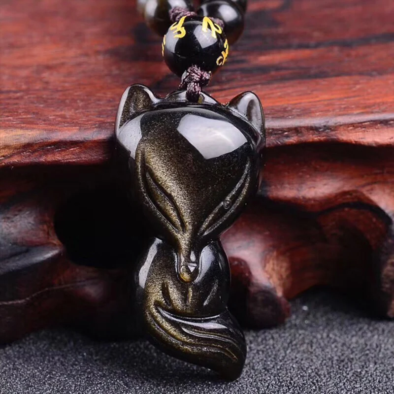 Pendant Fox Jewelry Natural Stone Gold Obsidian Pendants Necklace Cute Animal Lucky Amulet Chain Collar For Couple pendulo