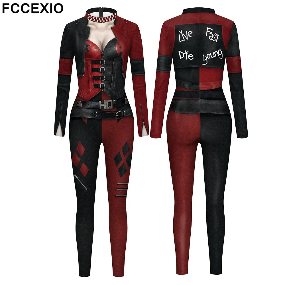 

FCCEXIO The Party Series Cosplay Policewoman Print Jumpsuit Long Sleeve Sexy Women Skinny Jumpsuit Elastic Bodysuits