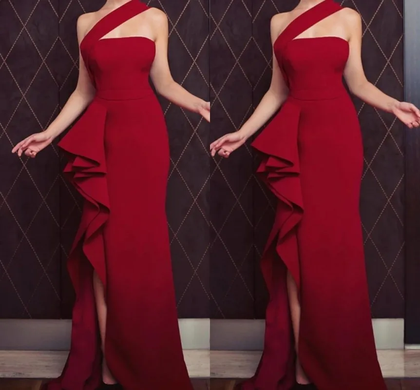 Vestido de noite formal vermelho escuro, Babados de um ombro, Frente dividida, Vestido de baile, Vestido sereia, Dubai, Árabe, Dubai, 2024