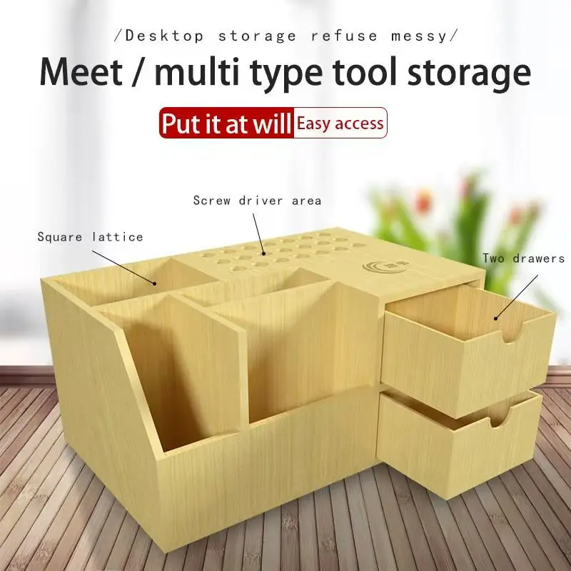 Multifunctional Wooden Storage Box Screwdriver Tweezers Holder Mobile Phone Repair Desktop Storage Tool Parts Box With Drawer