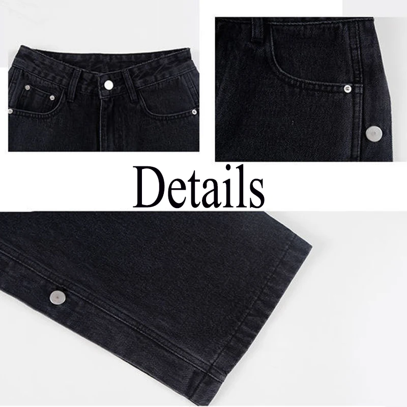 Jeans Frauen Hohe Taille Seite Tasten Baggy Gerade Alle-spiel Denim Hosen Breite Bein Harajuku Vintage Streetwear Fashion trendy