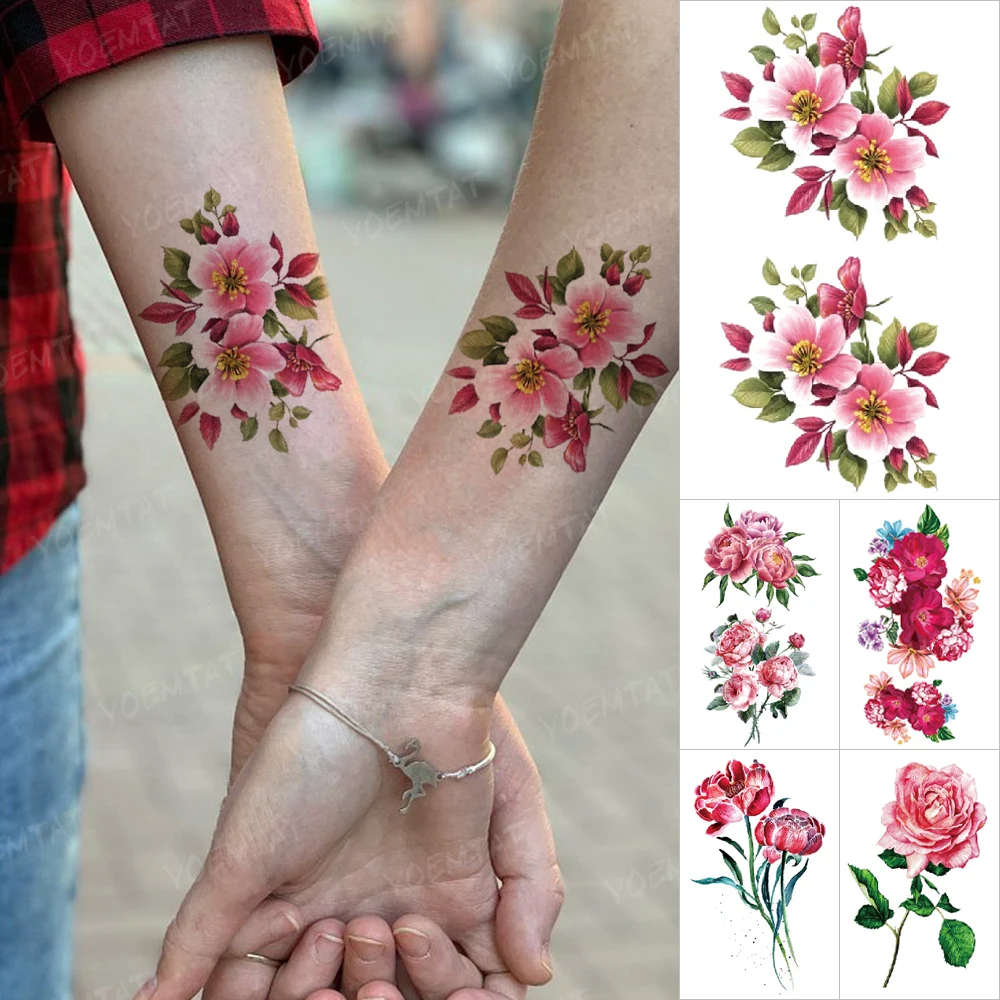 

Waterproof Temporary Tattoo Sticker Cherry Blossom Peach Blossom Rose Peony Rose Small Tatoo Hand Men Women Glitter Tatto Kids