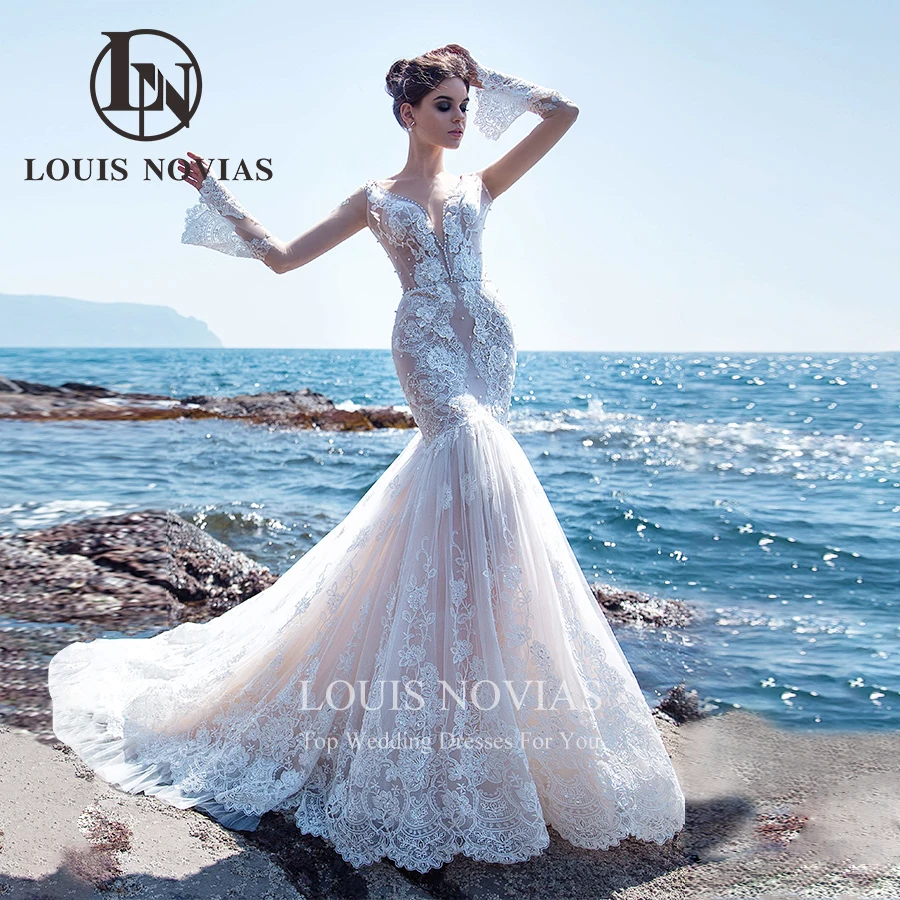 LOUIS NOVIAS 인어 웨딩 드레스, 2022 섬세한 구슬 3D 꽃 아플리케 긴 소매 등이없는 v넥 Vestido De Noiva