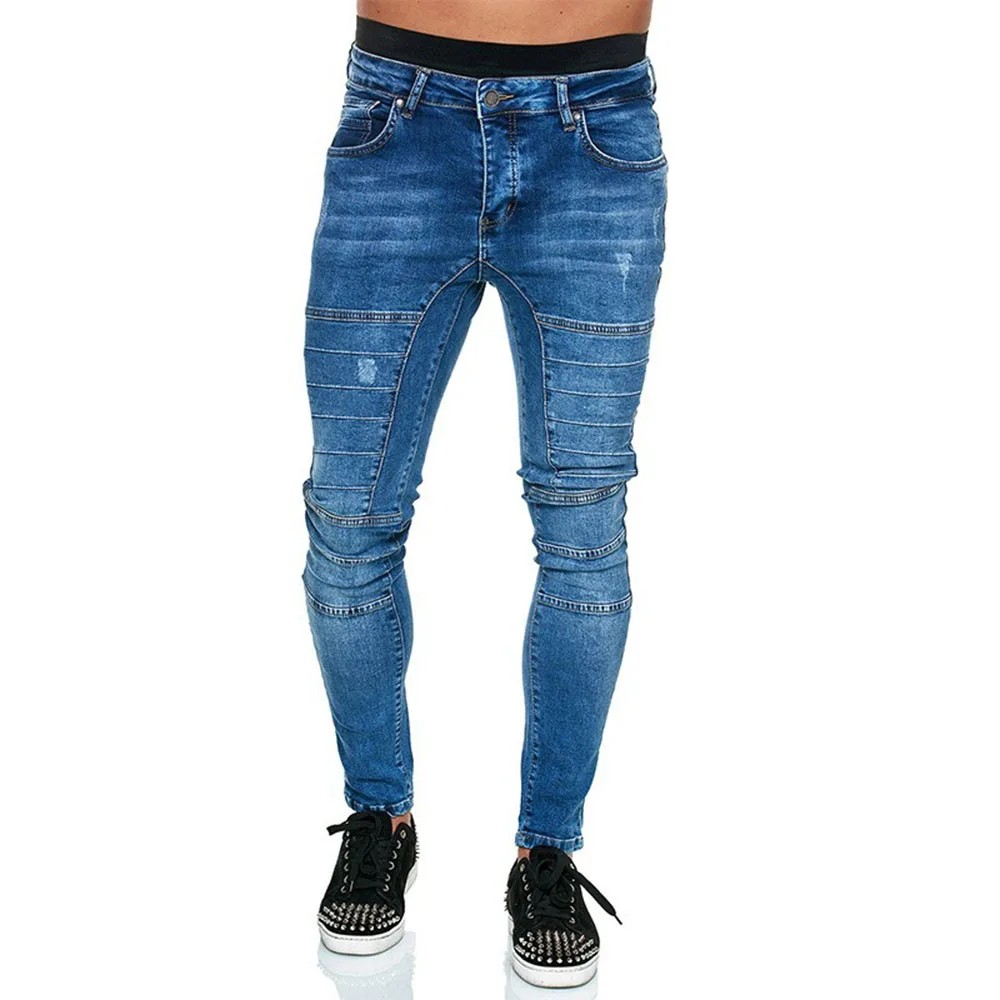 2021 Fashion Men Jeans Casual Patchwork Denim Slim Fit Trousers Solid Black and Blue Skinny Pencil Pants Plus Size Stretchy