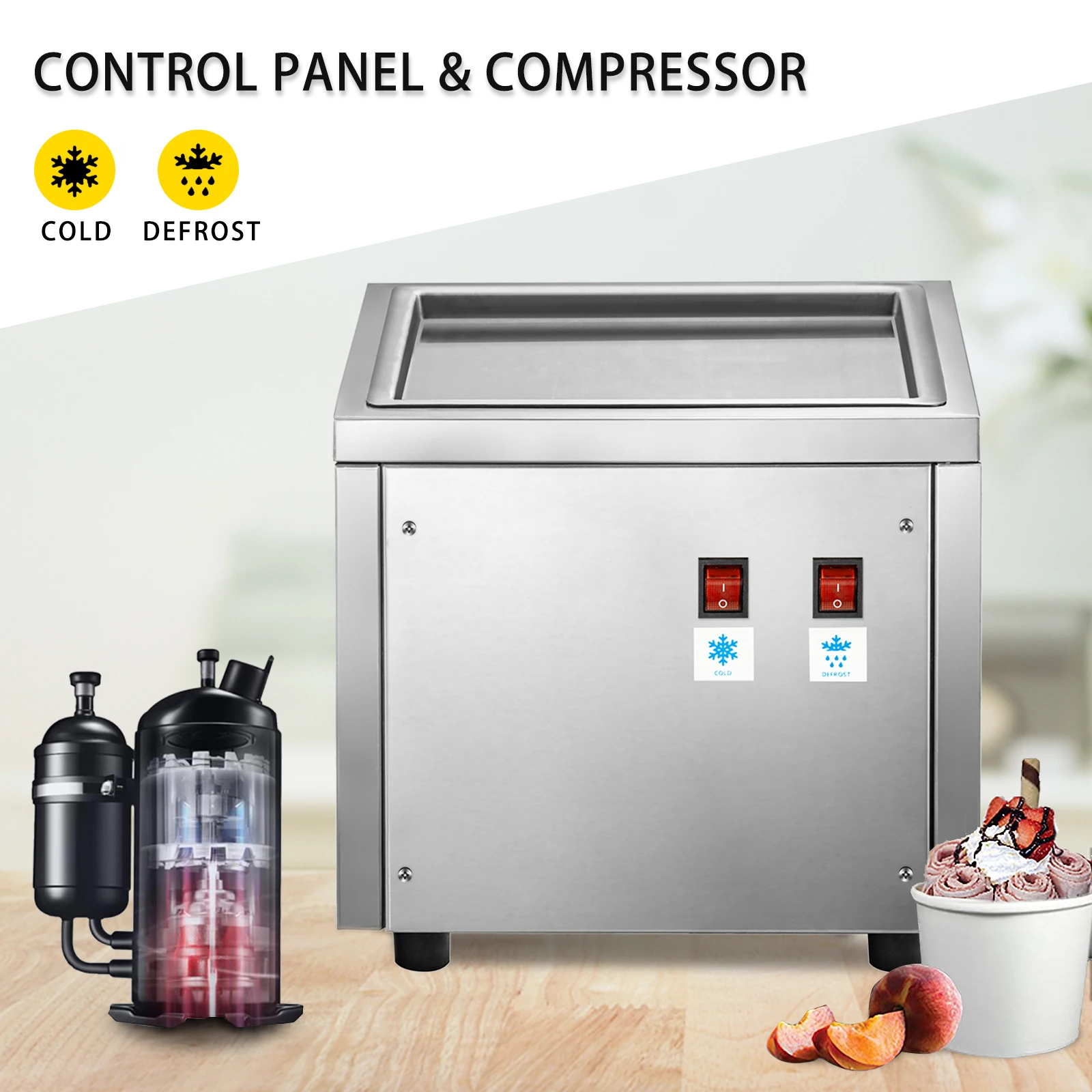 Vevor 280W เครื่องทำไอศกรีมทอดเชิงพาณิชย์ขนาด24X28ซม. กระทะสี่เหลี่ยมแบบเดี่ยวเครื่องทำไอศกรีมไอศกรีมที่บ้านทำจากสแตนเลส