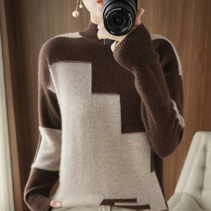 Autumn and Winter New Woolen Sweater Women's Long-Sleeved Pullover Stitching Top Round Neck Loose 100% Pure Wool Knit Sweater