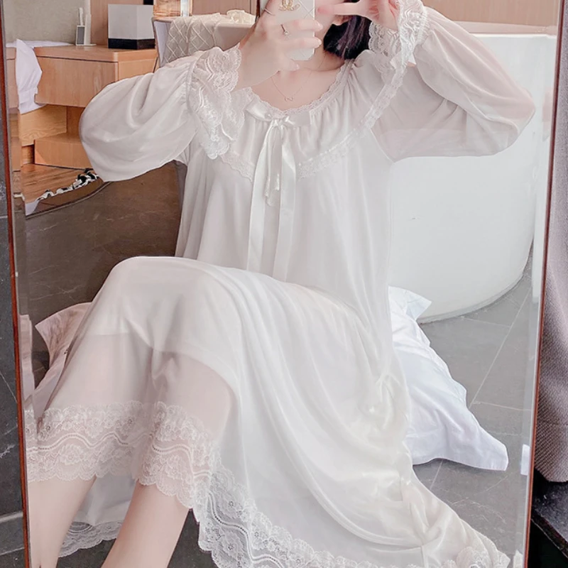 Fairy Night Dress Women Long Sleeve Lace Peignoir Kawaii Girl Romantic Vintage Nightgown Victorian Nightdress Princess Sleepwear