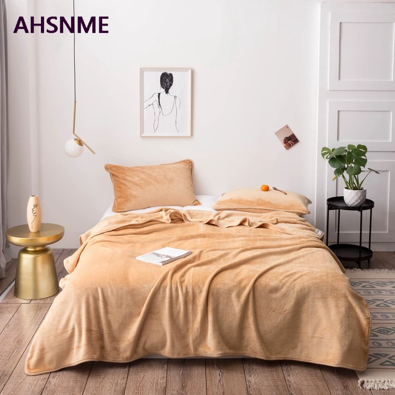 AHSNME Camel Thick Coral Blanket Solid Color Mink Velvet Blanket Soft Sofa Throw Multi Size High Quality Rug