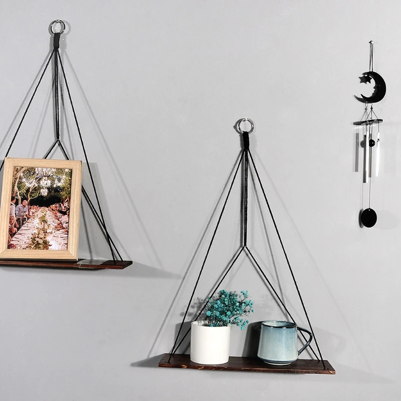 Premium Wood Swing Hanging Rope Wall Mounted Shelves Plant Flower Pot Rack Indoor Outdoor Decoration Simple Design Shelves