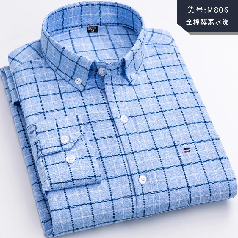 100% Cotton Long Sleeve Shirt Plaid 7XL Middle-aged Business Slim Fit Shirt Men Casual Korean Clothes Oversized Button Up Shirt