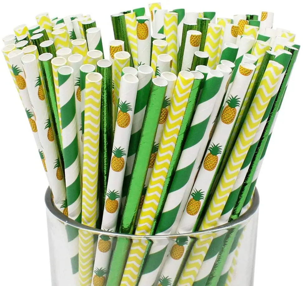 Ideaco Biodegradable Pineapple Paradise Party Themed Paper Straws Bulk, Pack of 100 Pineapple,Green,Yellow Paper  Straws