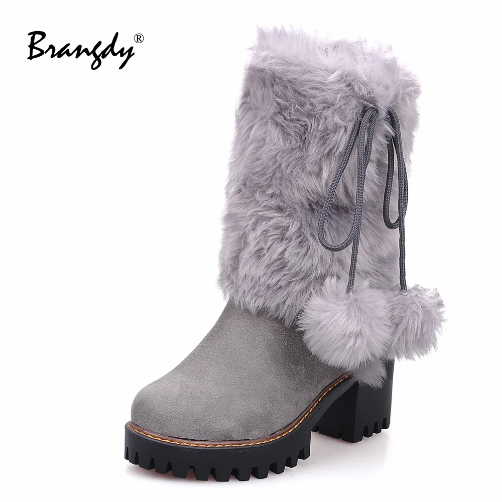 Brangdy Winter Women Shoes Женские сапо PU Non-Slip Square Heels Women Round Toe Fur Ball Womens Winter Mid Calf Boots Keep Warm