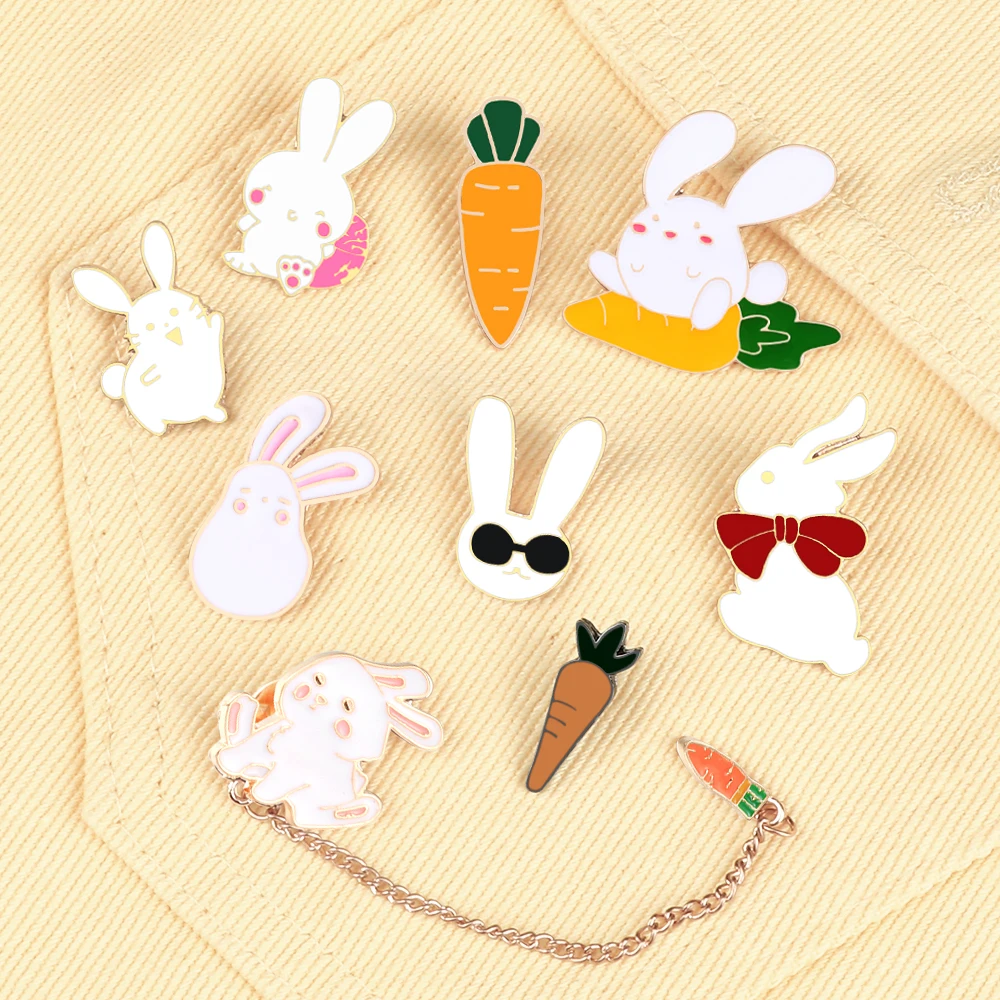 Cute Rabbit Enamel Pins Charm Carrot Bunny Brooch Bag Clothes Lapel Pin Button Badge Cartoon Animal Jewelry Gift for best friend