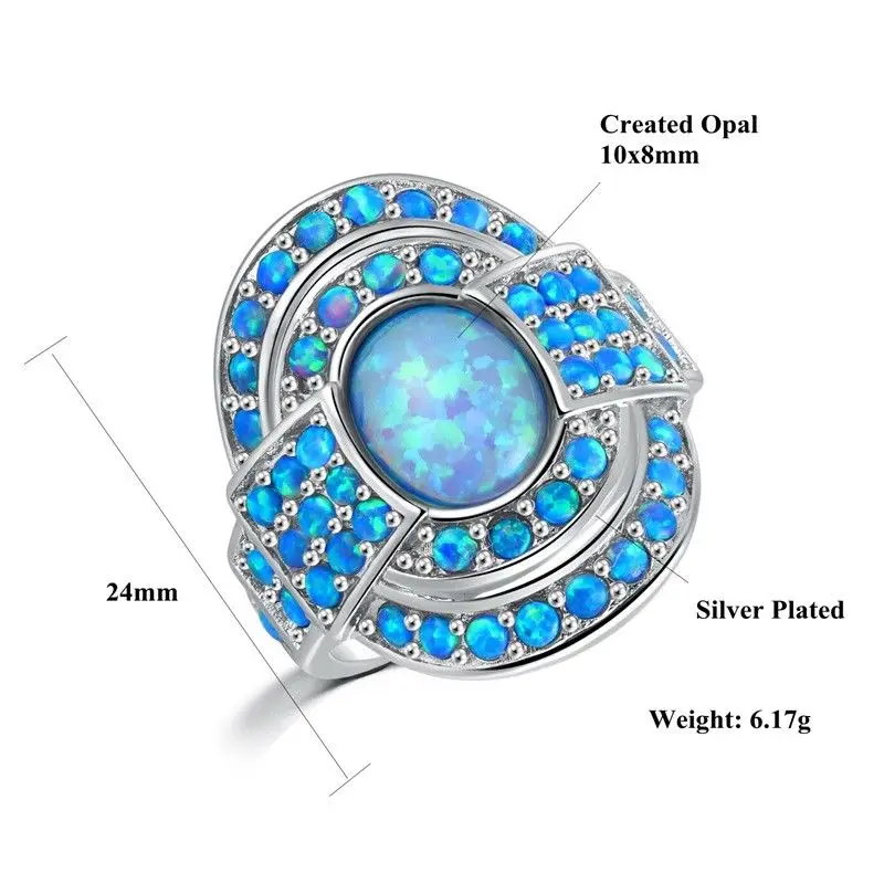 CiNily Blue & Pink & White Fire Opal Filled Finger Rings With Round Stone Silver Plated Luxury Large Cocktail Jewelry Gift Woman