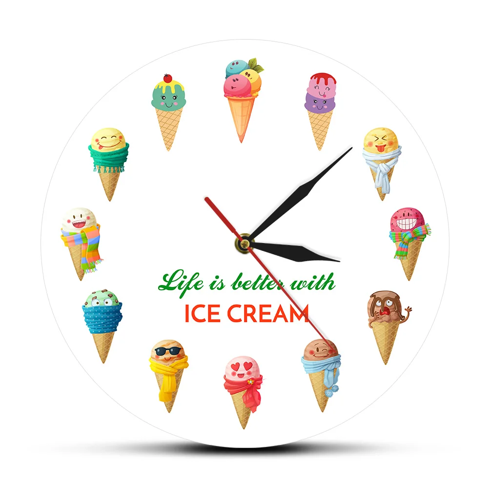 Life is better with ICE CREAM Cartoon Ice Cream Printed Dessert Wall Clock Kid Room Nursery Wall Art Kitchen Clock Wall Watch