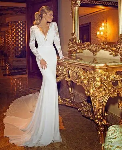 2018 sexy backless vestido de noiva V Neck Lace Long Sleeves Mermaid Long Train Bridal Gown mother of the bride dresses