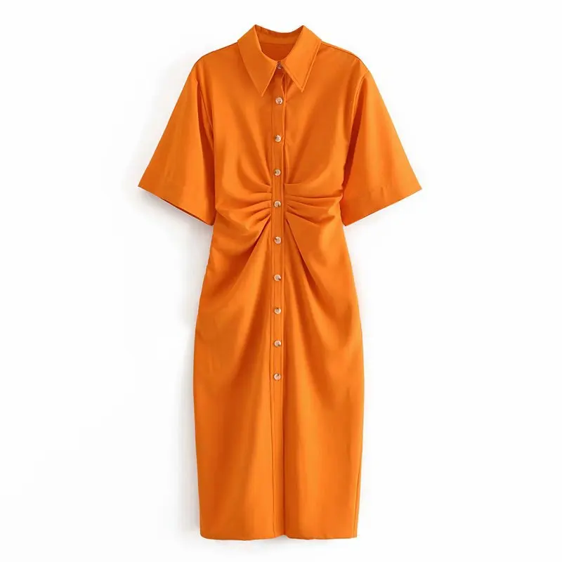 

Fashion Dress Casual Summer Dress Green Women Dress Button Solid Short Sleeve Shirt Dresses Female Chic Side Zipper Robe Vestido