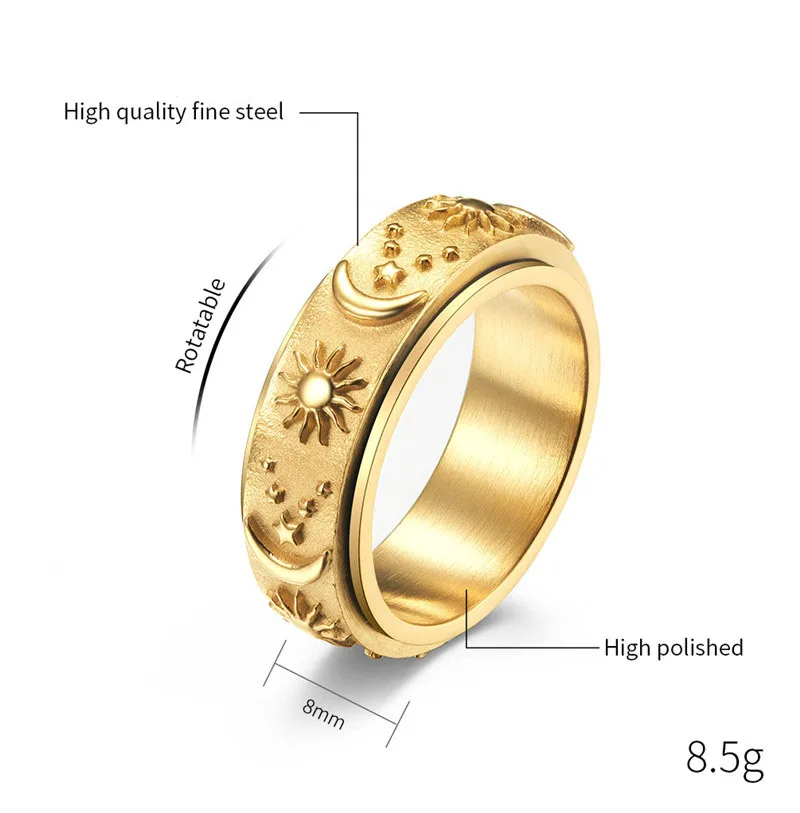 Crative Moon Sun Star Carved Engraved Statement Ring for Women Men Rotatable Stainless Steel Wedding Promise Couple Finger Ring